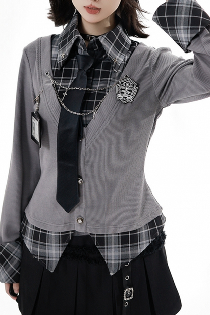 カレッジロールアップシャツ+スカート+ネクタイ