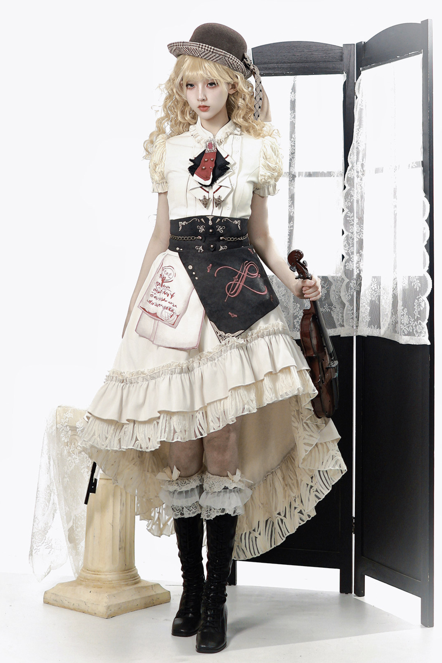 Vintage Lolita Puff Sleeve Top + Asymmetrical Skirt + Corset