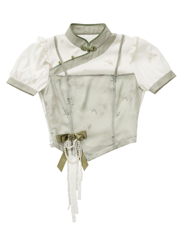 グリーンフローラルチャイナパールアシメワンピ&セットアップ