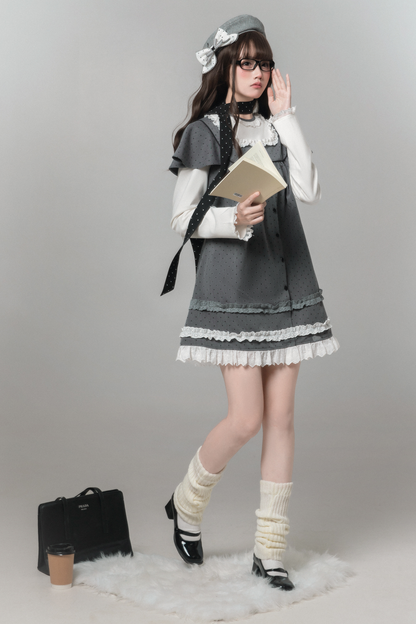 グレイポルカドットドールドレス+ベレー帽