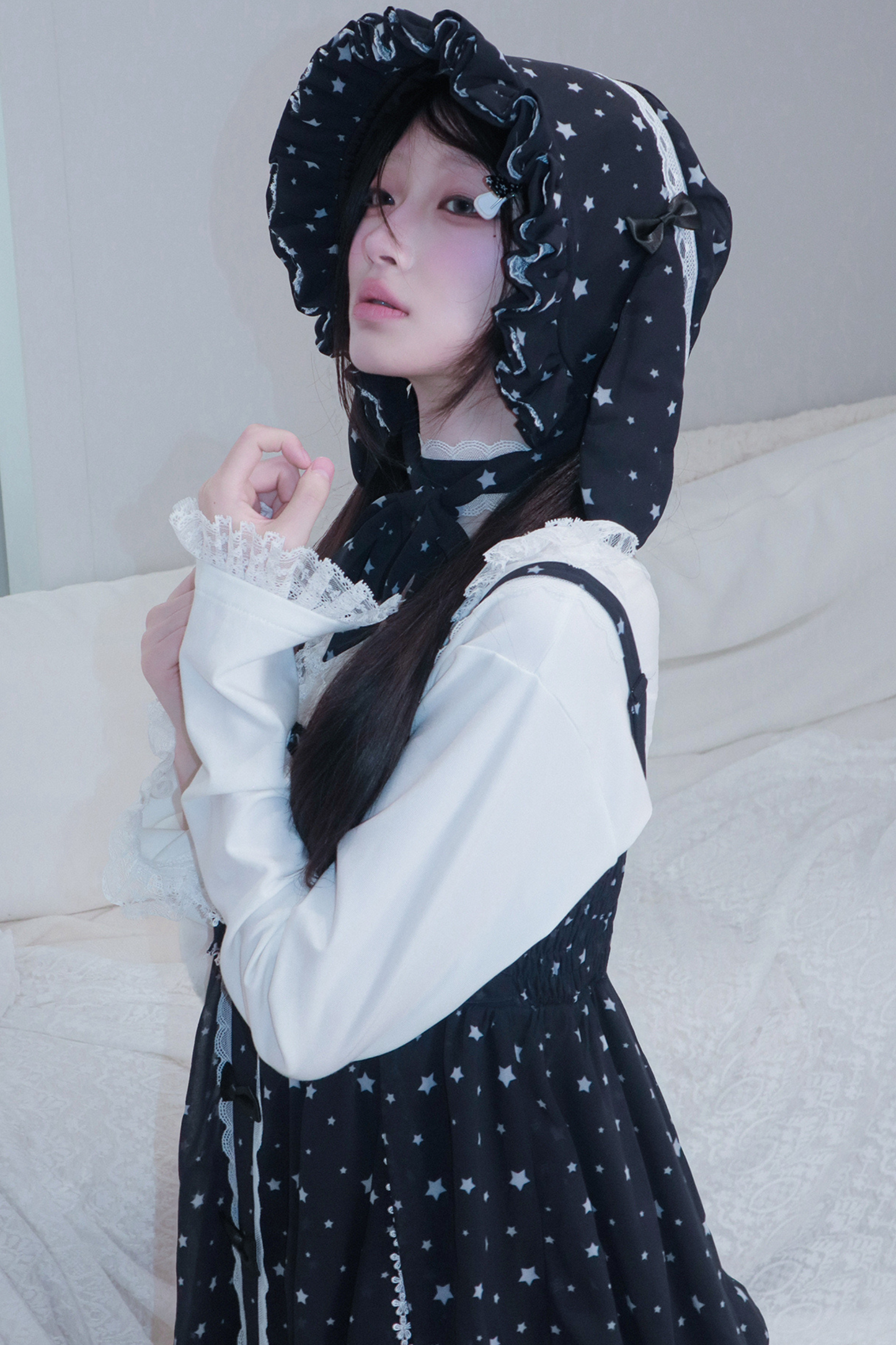 ドットシフォンサンドレス+ラビットハット