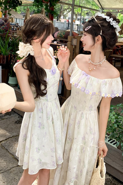 French Flower Off-the-shoulder Dress + Cardigan