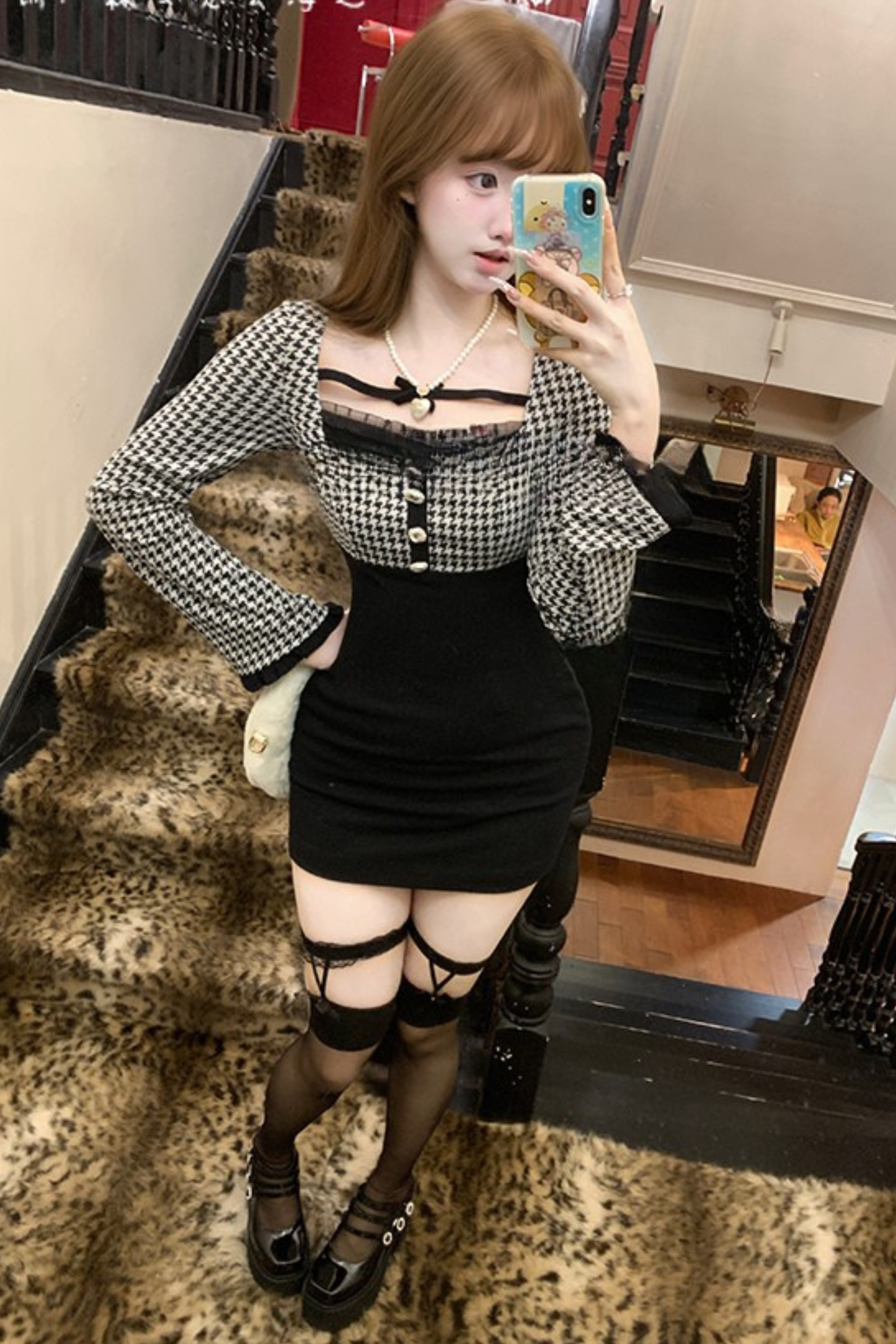 千鳥格子フレンチタイトドレス