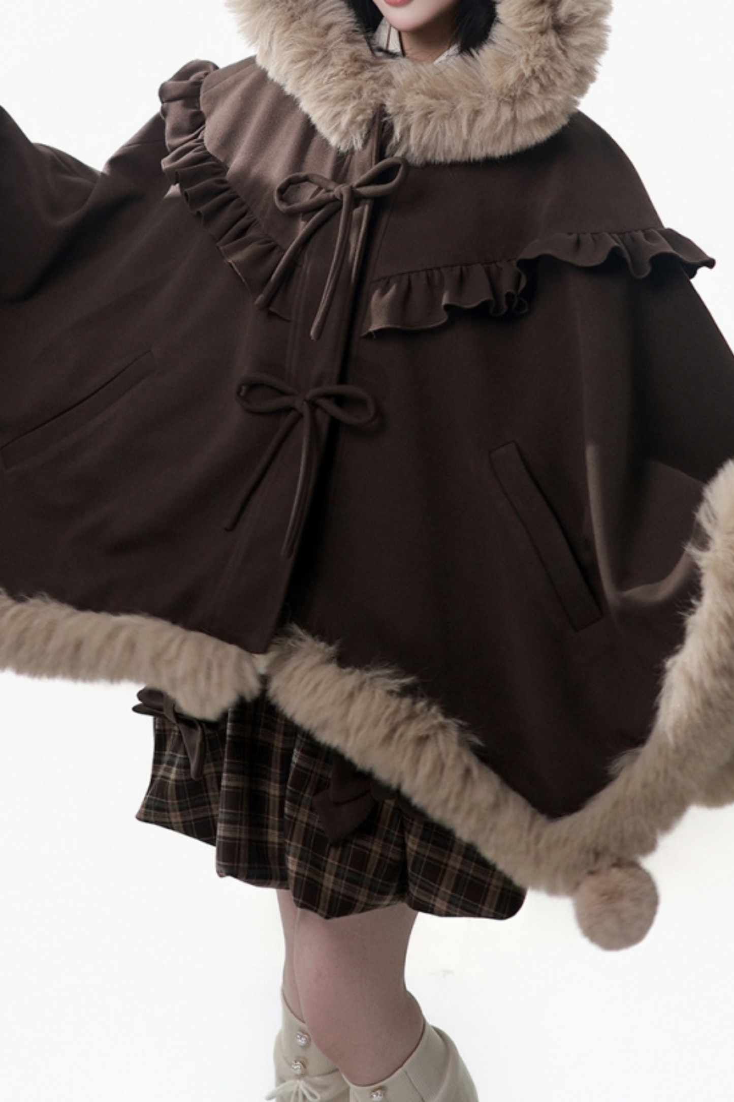 ベルベットベアフードケープ+トップス+サスペンダースカート+レッグカバー