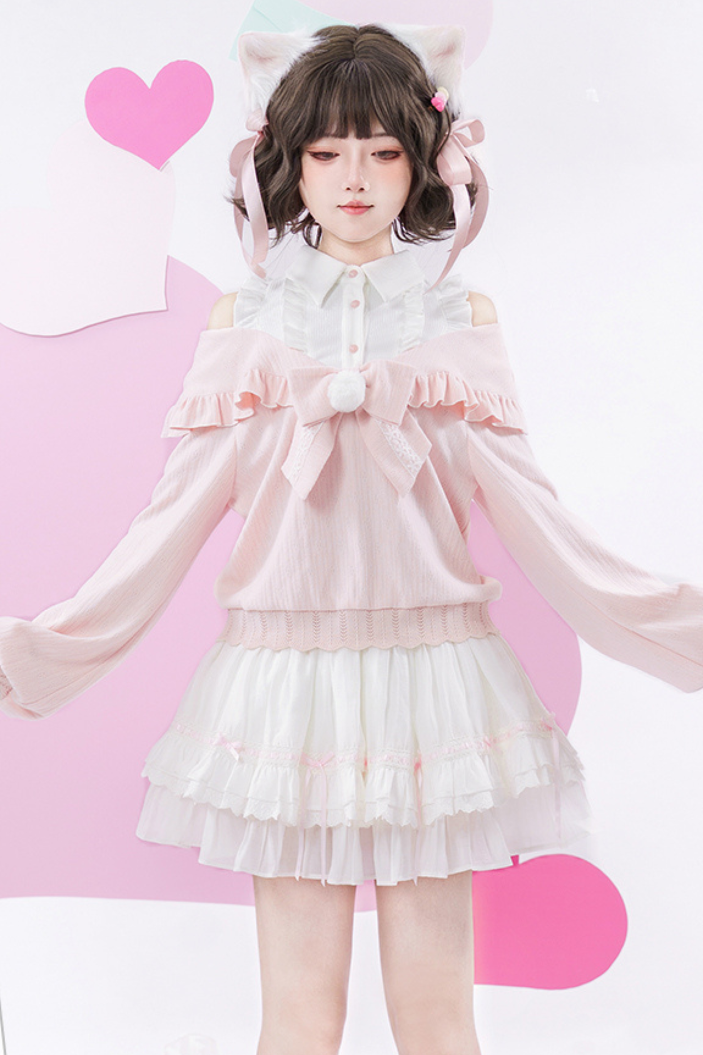 キュートオフショルダーセーター+スカート