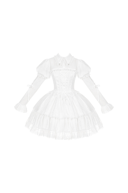 White gothic gemini Lolita dress + corset + ribbon + hair band + veil