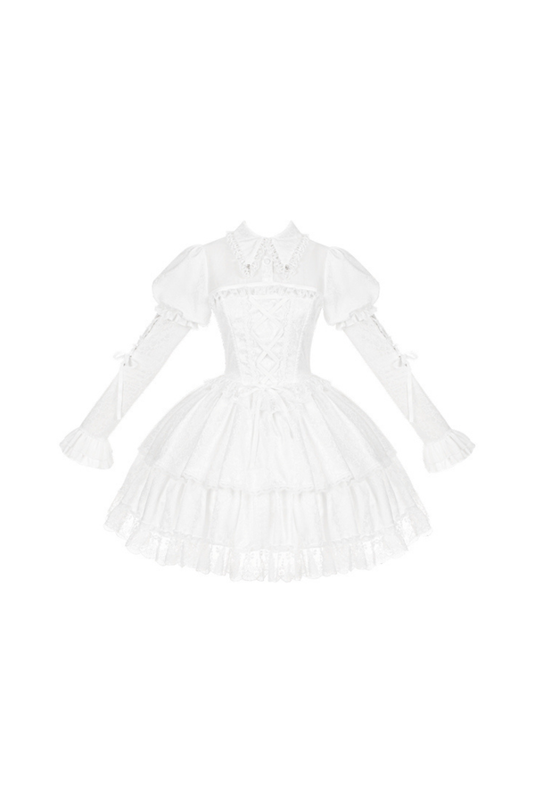 White gothic gemini Lolita dress + corset + ribbon + hair band + veil