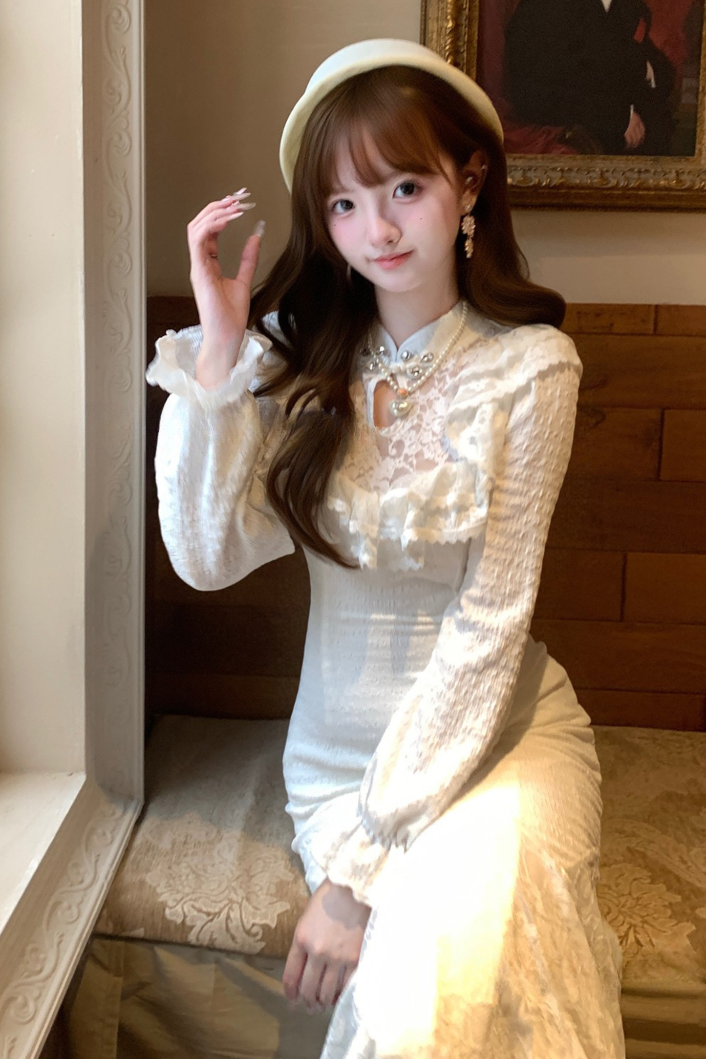 パフスリーブニットレースワンピース