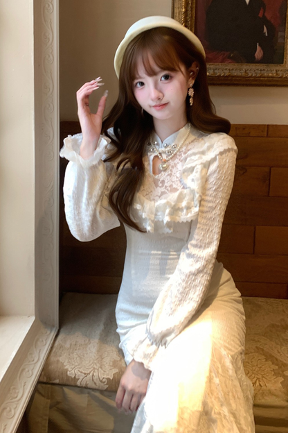 パフスリーブニットレースワンピース