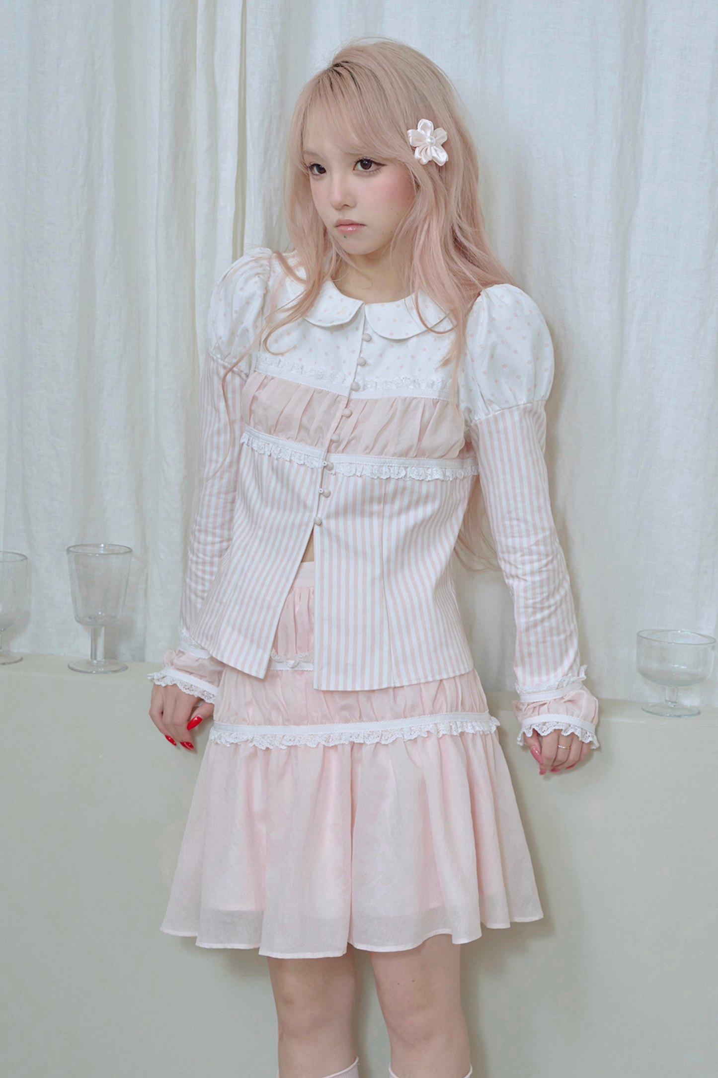 ストライプドールカラーパフスリーブシャツ