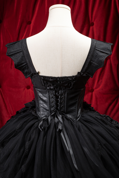 Dark Gothic Ribbon Lolita Dress + Waist Belt + Train + Hairband