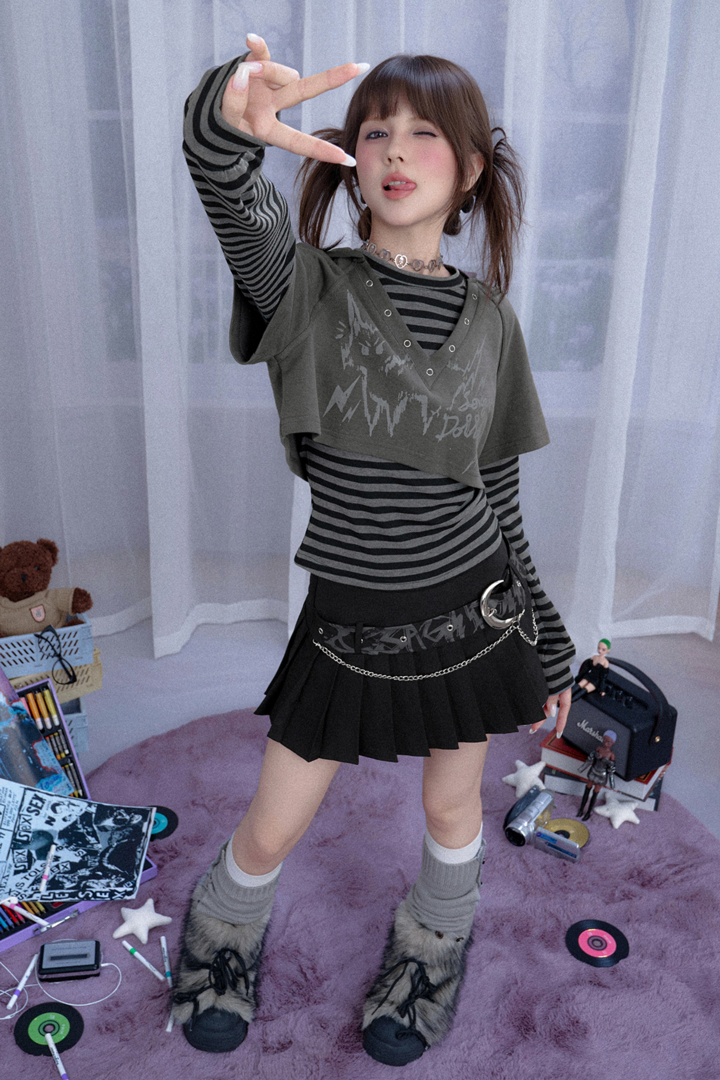 ボーダーツーピーススーツフードトップス