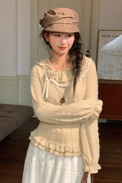 レースカラーロングスリーブトップス