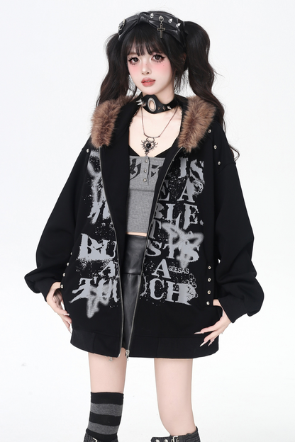 アメリカンレトロレターストリートファーフードパーカー