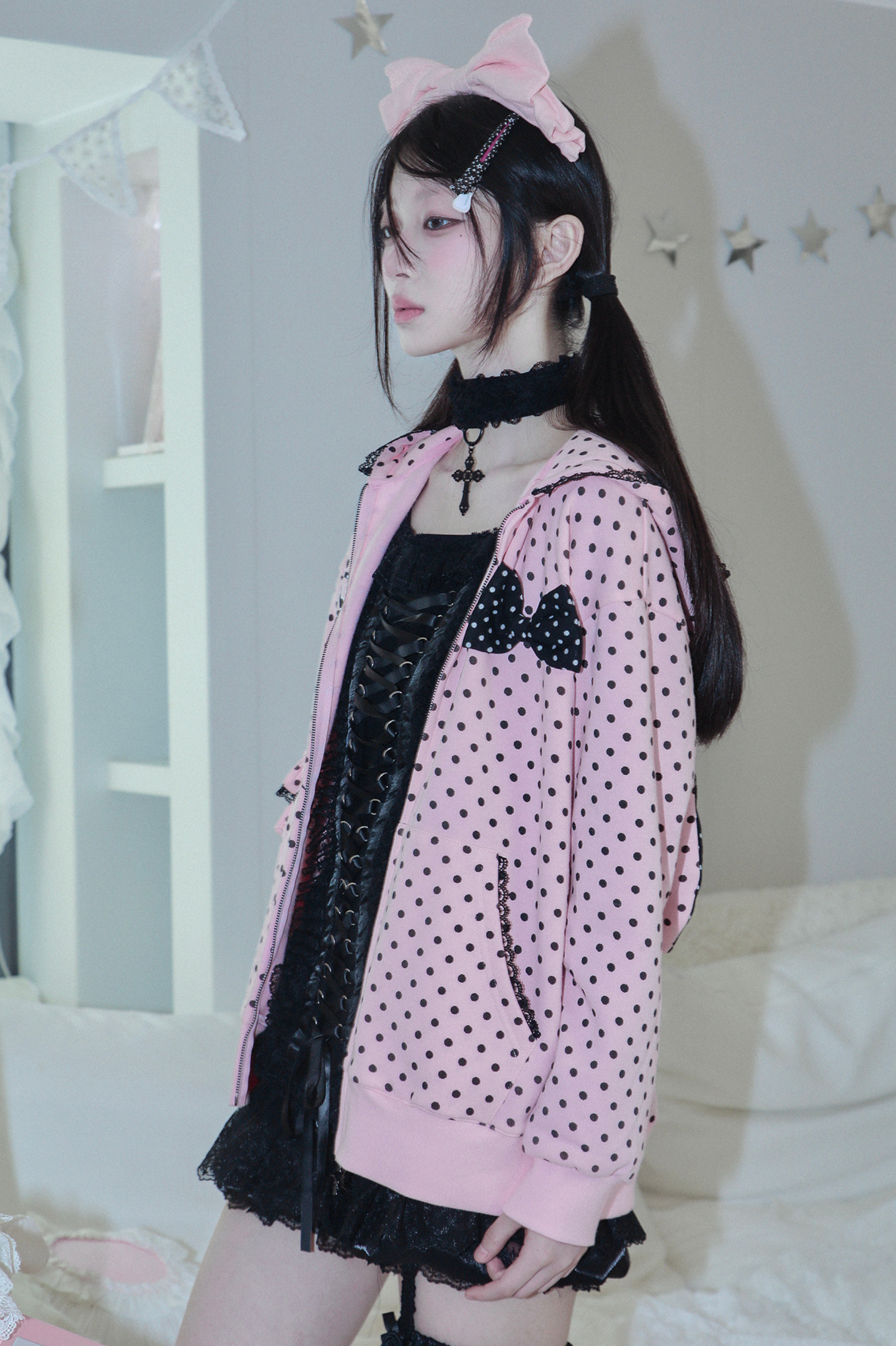 Y2Kガールドットバニーフードパーカー