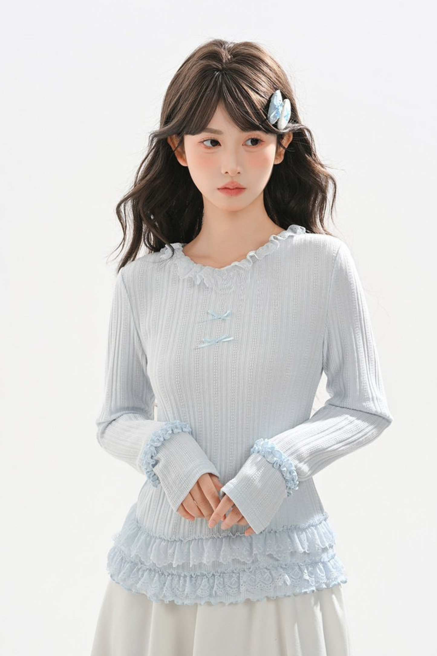 リボンフリルトリムトップス