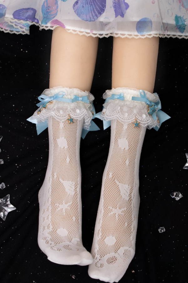 Asymmetrical ribbon sheer lace socks