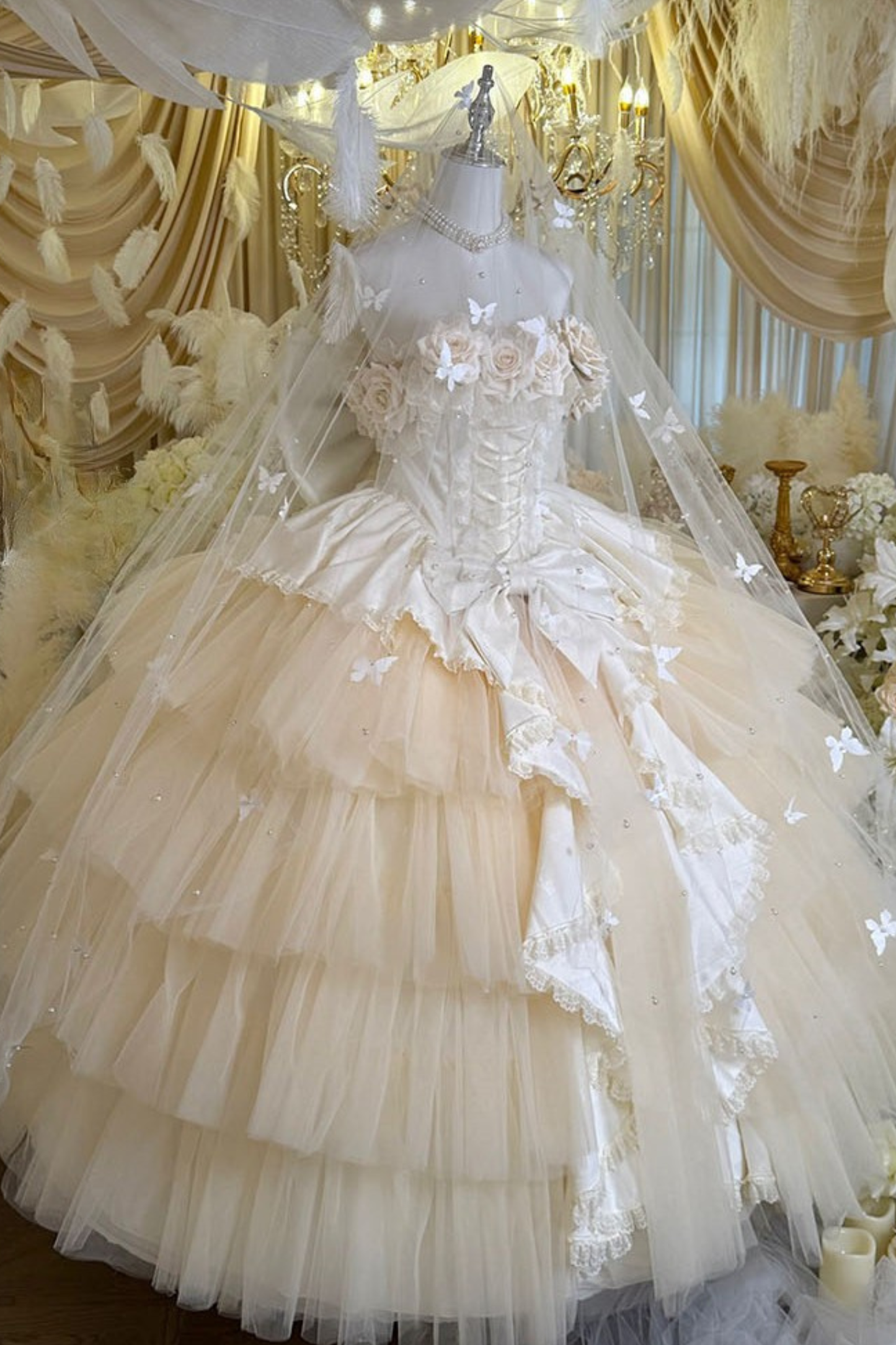 [예약상품] 4월 4일 예약마감]애프리콧 웨딩 로리타 원피스+숄+소매+리본 테일+베일