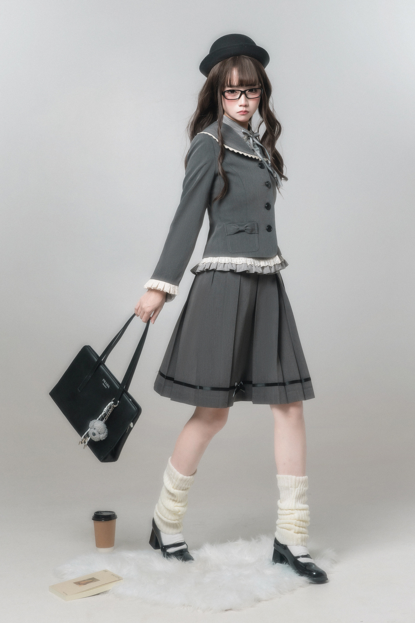 エレガントレトロカレッジジャケット+シャツ+スカート+ブローチ