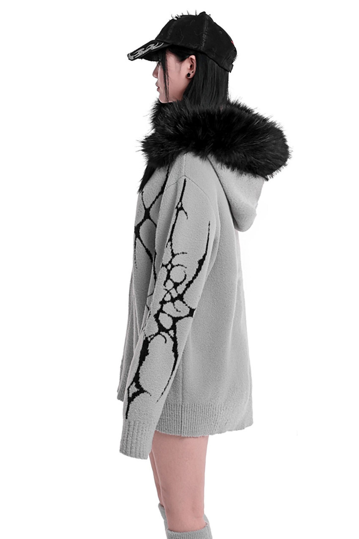 ゴシックファーフードルーズジップカーディガン