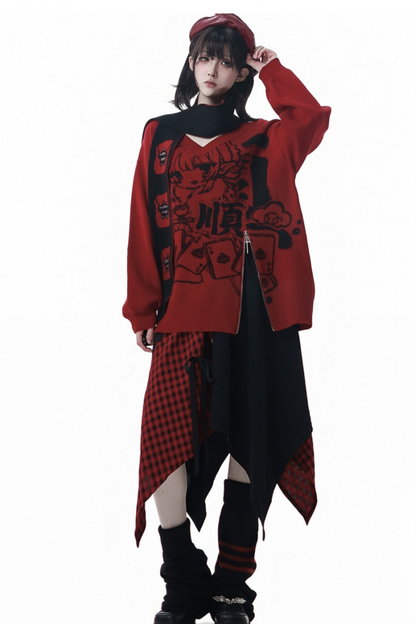 モードVネックニット+キュロット+スカート+レッグカバー+スカーフ