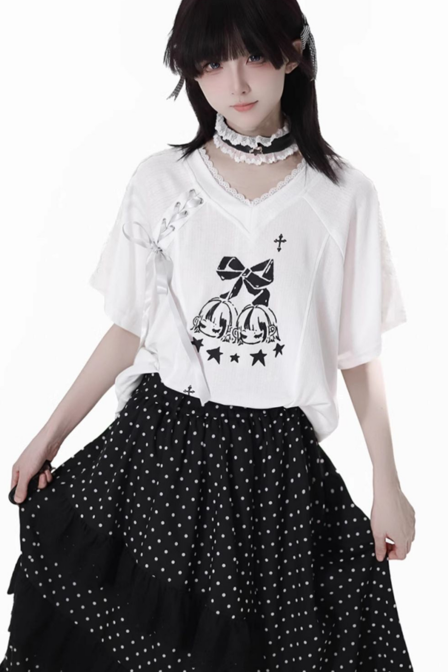 リボンルーズTシャツ+キュロット+アシメスカート