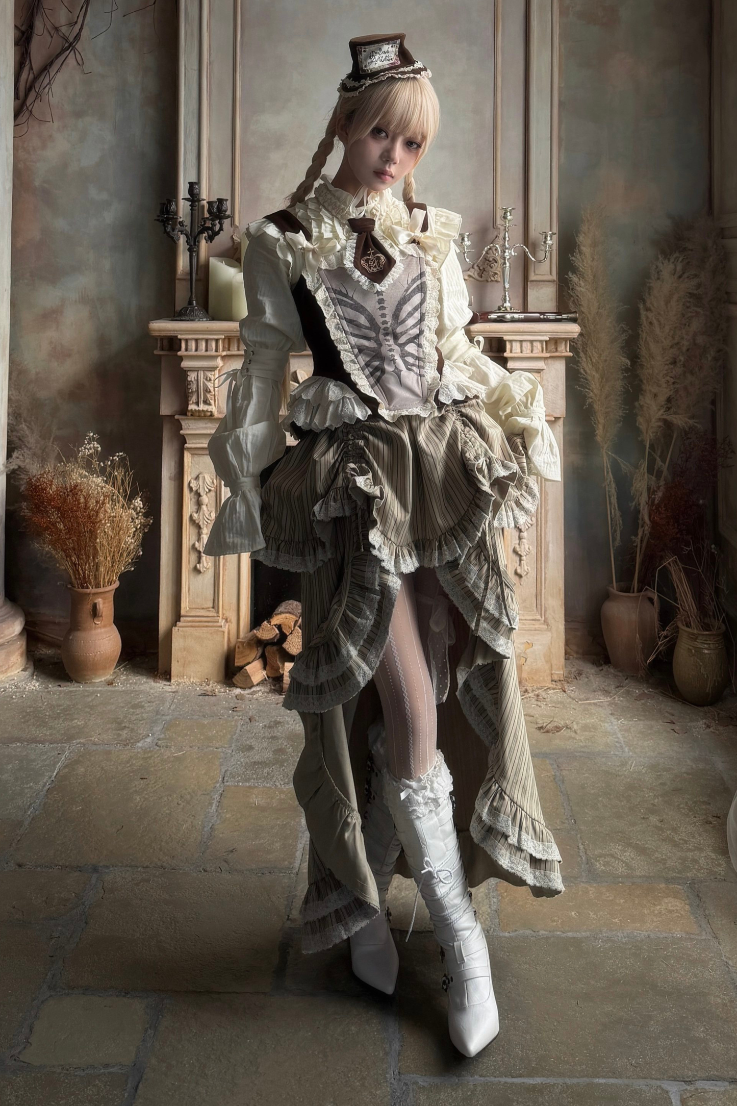 스트라이프 레이스 티어드 스커트