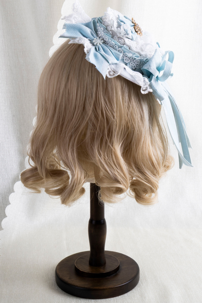フリルアイスカラーロリータフラットハット+リボンクリップ+ヘアバンド+ハットクリップ