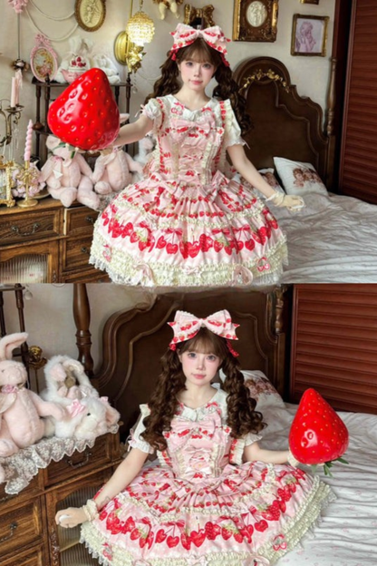 ストロベリーロリータジャンパースカート+ラビットヘアスカーフ+ビッグリボン+トップス+ハット+ボンネット