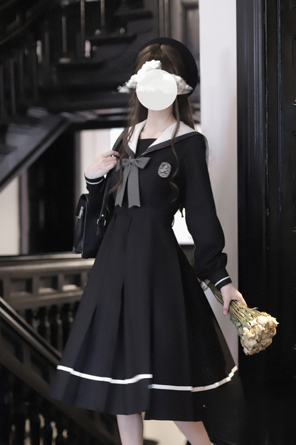 エレガントプレッピースタイルワンピース+リボン+ブローチ