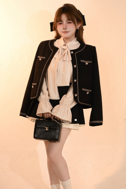 [Reservation product] Shiny ribbon shirt + pleated skirt