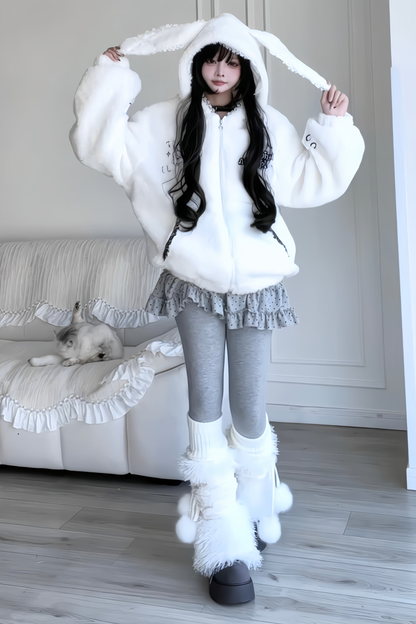 Rabbit Ear Fur Hooded Coat