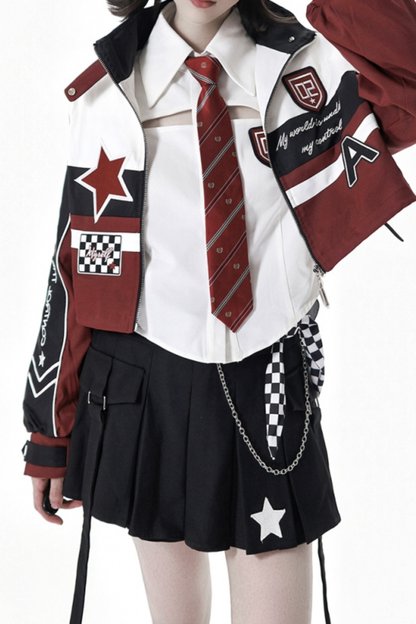 バイカージャケット+ネクタイ付きシャツ+スカート+ベルト