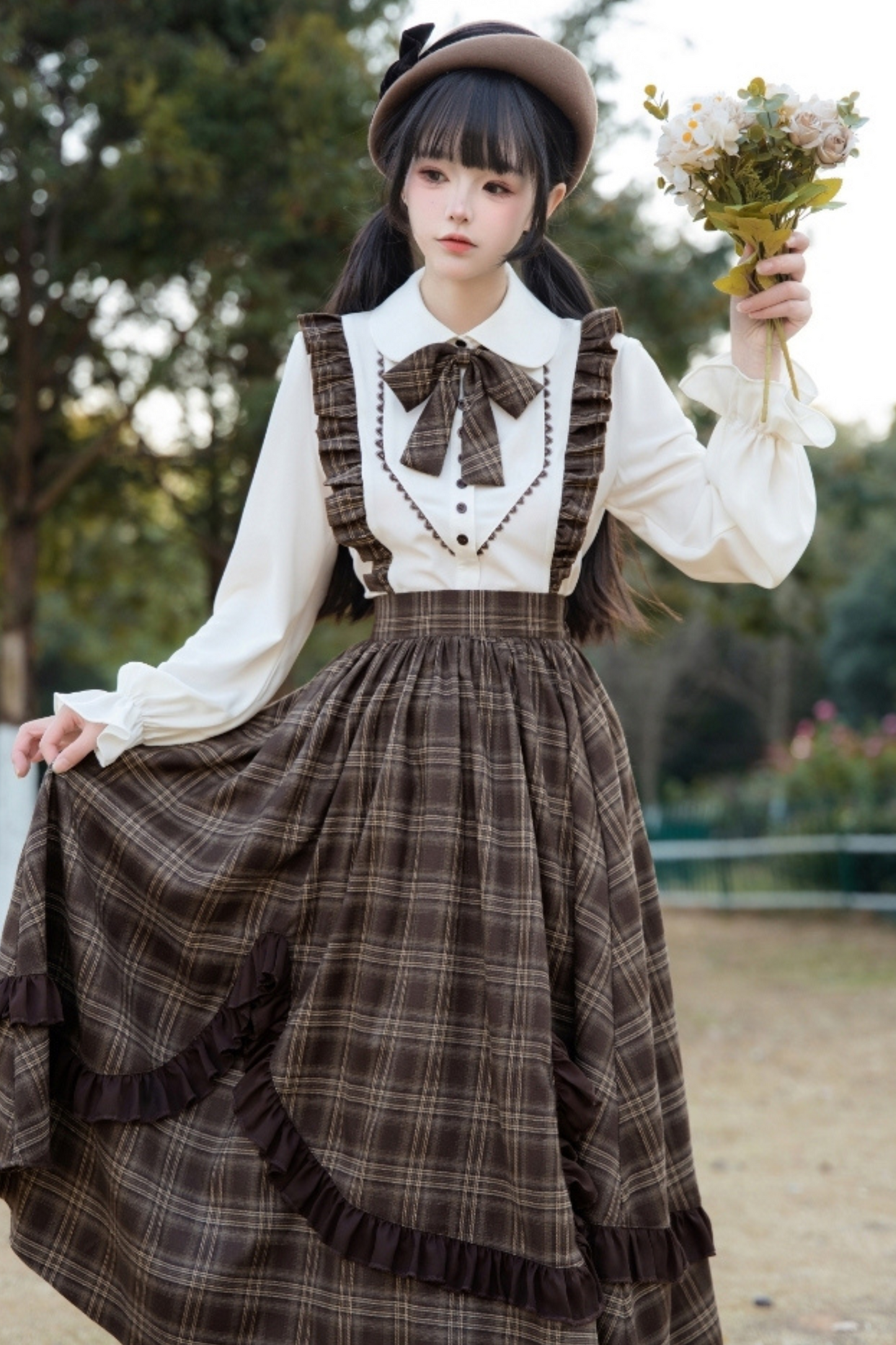 Elegant Check Suspender Skirt + Retro Blouse