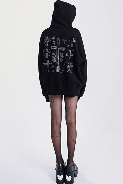 ビッグクロスデザインルーズフードパーカー