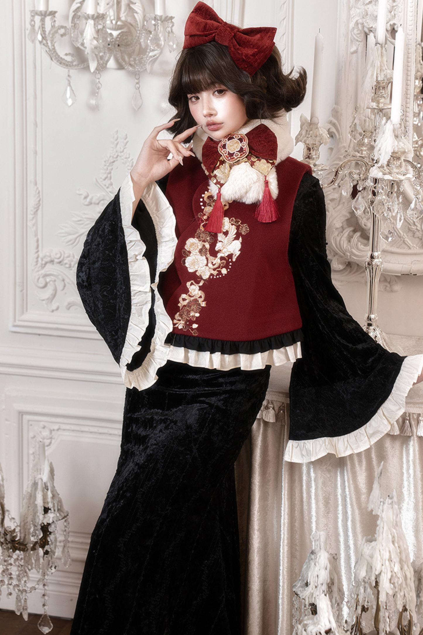レトロフィッシュテールチャイナドレス+ベスト+ファースカーフ