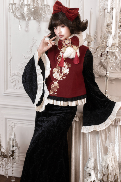 レトロフィッシュテールチャイナドレス+ベスト+ファースカーフ