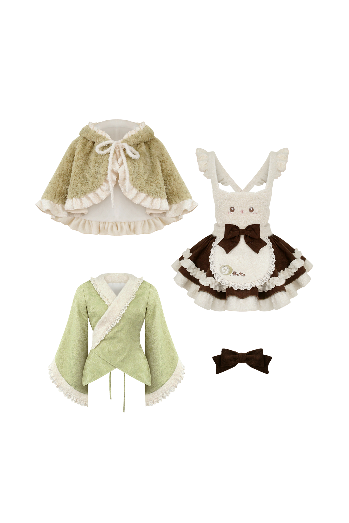 抹茶ロール和風トップス+子猫サスペンダースカート+リボン付きケープ