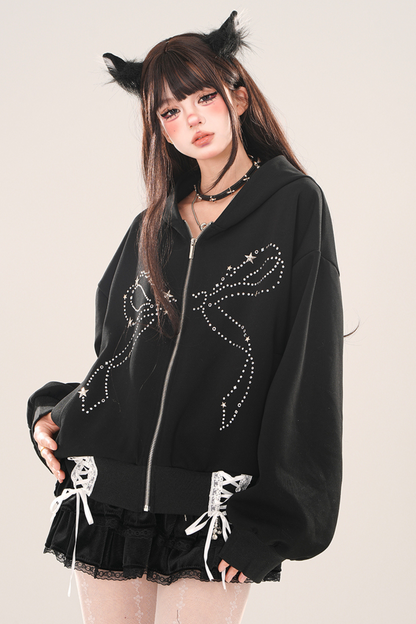 Loose Slim Black Lace-Up Hooded Hoodie