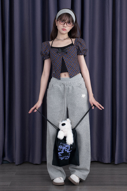 スウィートチェックバブルスリーブトップス