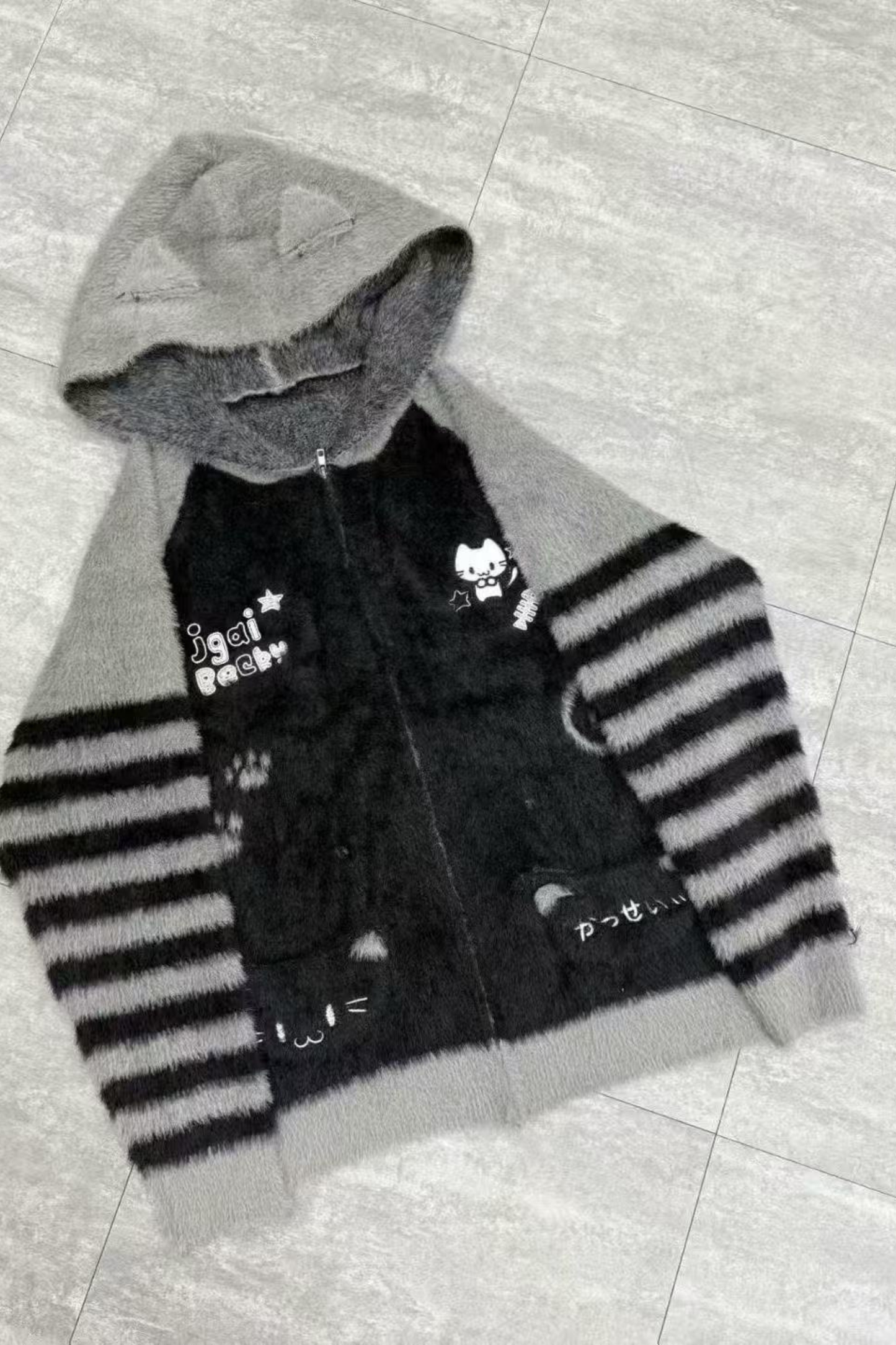 キャットルーズフードジッパーカーディガン