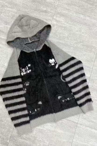 キャットルーズフードジッパーカーディガン