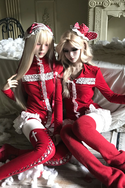 レースクロスタートルネックトップス+レースショートパンツ