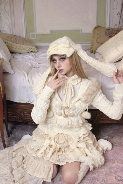 ファーフードケーブルニットカーディガン+ファーハット