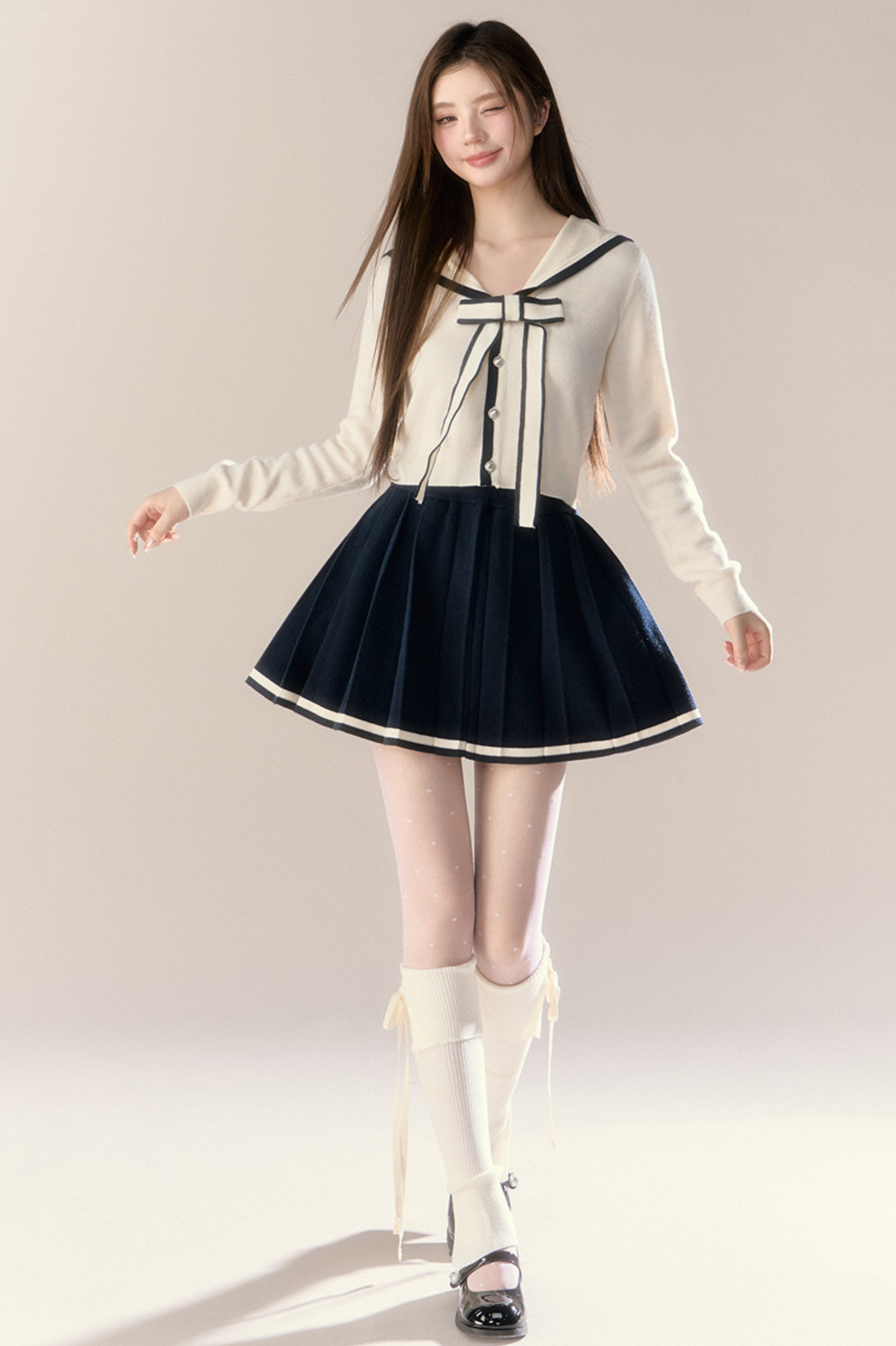 セーラーリボンカーディガン+プリーツスカート