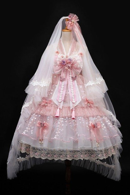 사쿠라 스위트 차이나 로리타 셔츠 + 목걸이 + 리본 + 베일 + 클립