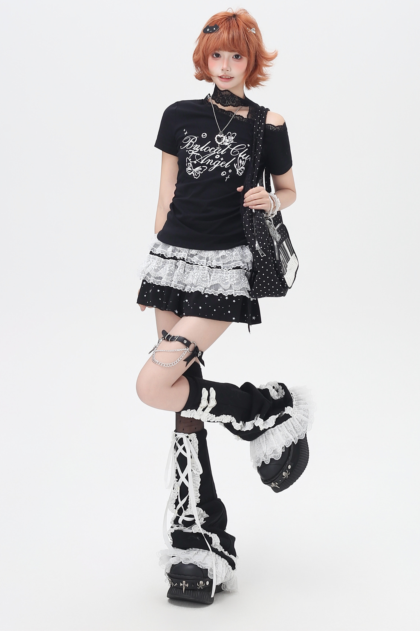 レースデザインワンショルダースリムトップス