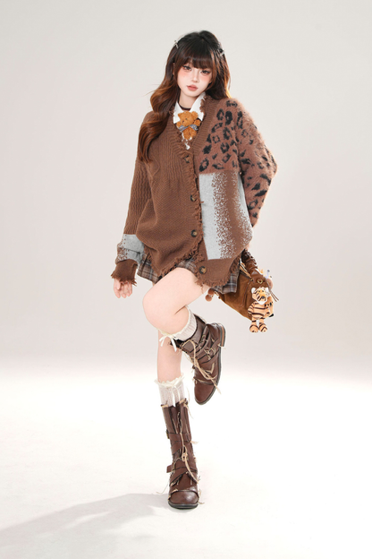 アシメレオパードニットカーディガン