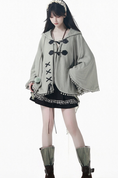 Check Ribbon Camisole Two Piece Jacket + Cape Coat + Skirt