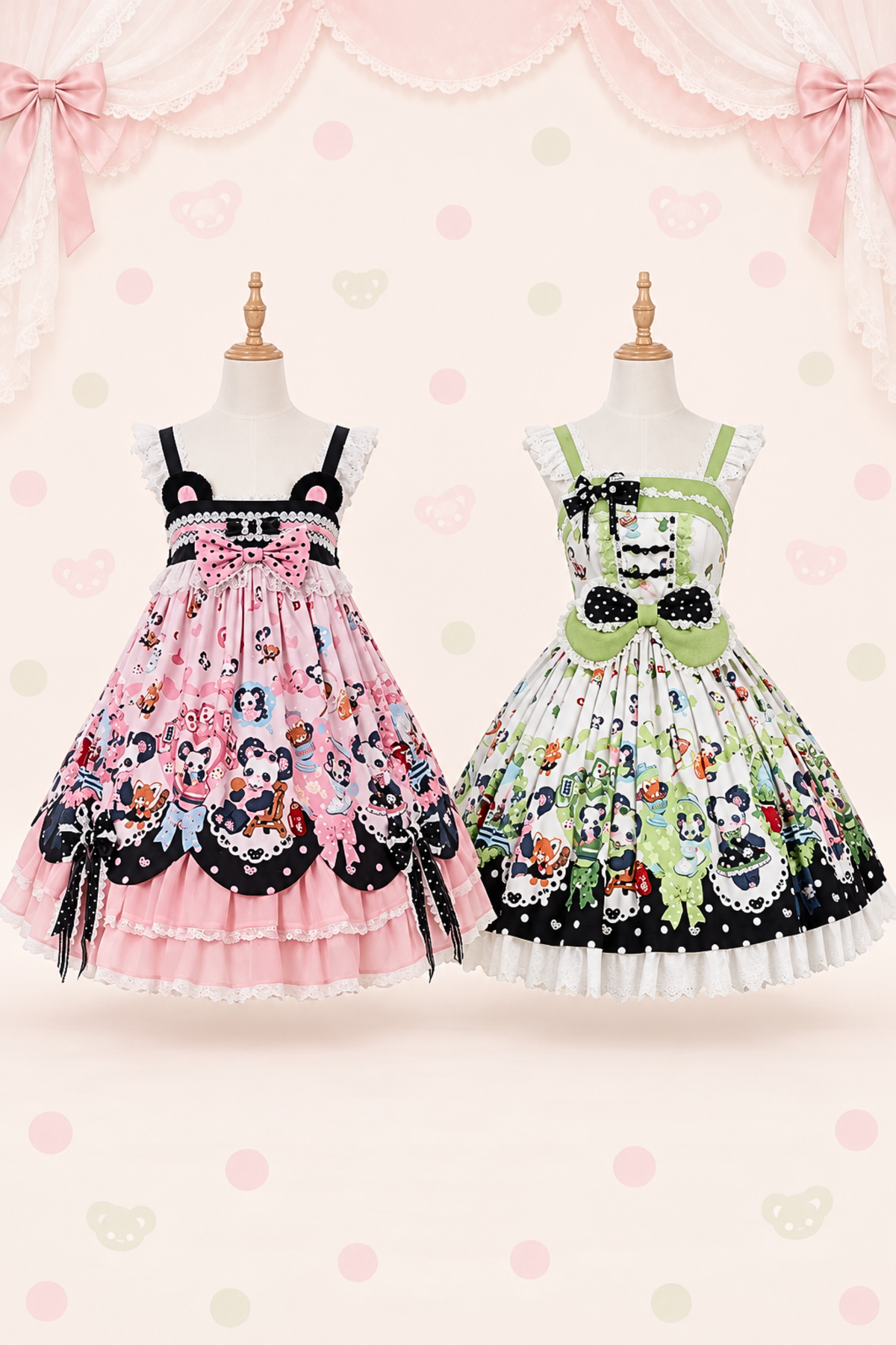 [Pre-order Deadline: October 25] Pink/Green Chinoiserie Lolita Sweet Panda Ear Bow High-Waist Tiered JSK Dress + Bow-Waist Panda Print Dress